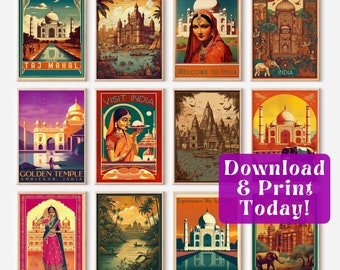 Impresiones de viajes vintage, arte de la India, conjunto de 12, descarga digital