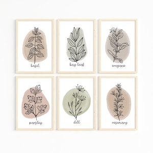 Kitchen Herbs Line Art, Set of 6 Abstract Kitchen Art, Printable Kitchen Wall Art, Herbs Art Print Set, Neutral Kitchen Art
