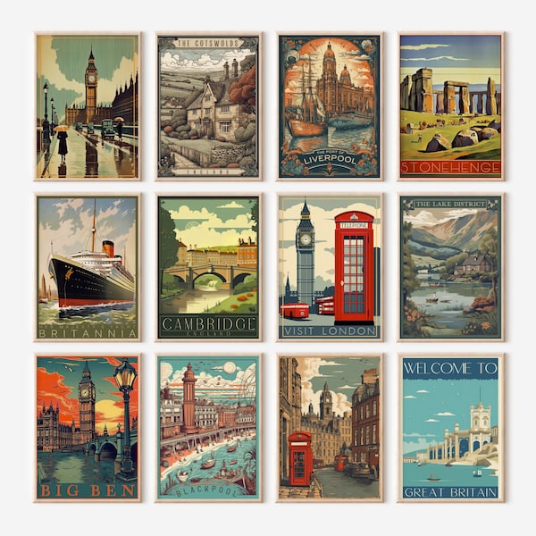 Vintage Travel Posters, Great Britain Art, Set of 12 Digital Prints, England Wall Art, United Kingdom Travel Prints