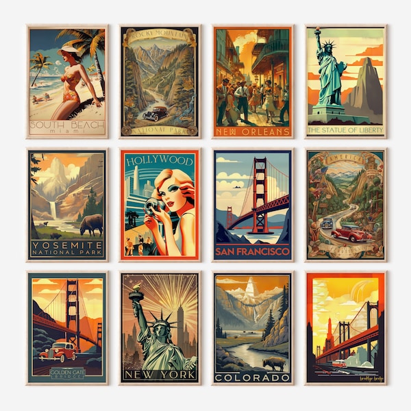 Vintage Travel Prints, United States Travel, Set of 12, Digital Download, Travel Gifts, US