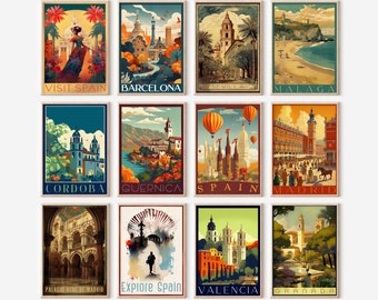 Vintage Travel Posters, Spain Art, Set of 12 Digital Prints