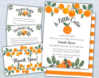 Little Cutie Baby Shower Invitation Bundle, Editable Orange Baby Shower Invitation Template, A Little Cutie Is On The Way Invitation Pack