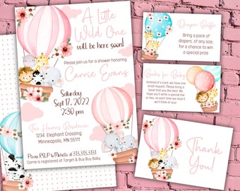 Safari baby shower uitnodiging bundel, wilde een baby meisje douche, bewerkbare Safari dieren baby shower uitnodiging