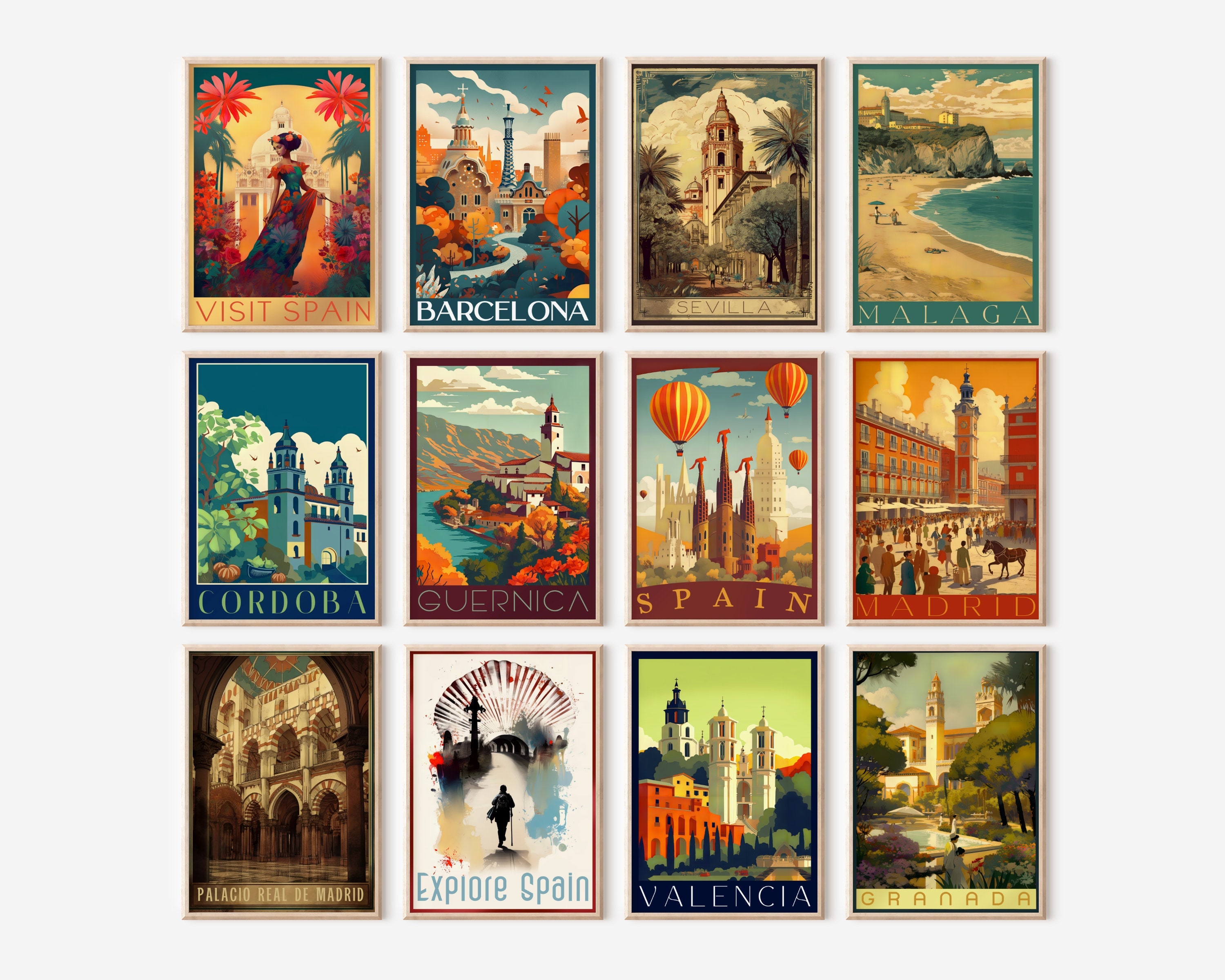 Vintage Travel Posters, Spain Art, Set of 12 Digital Prints