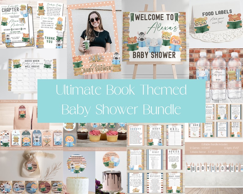 Book Themed Baby Shower Bundle, Book Lover Baby Shower Invitation & Decoration Bundle, Book Baby