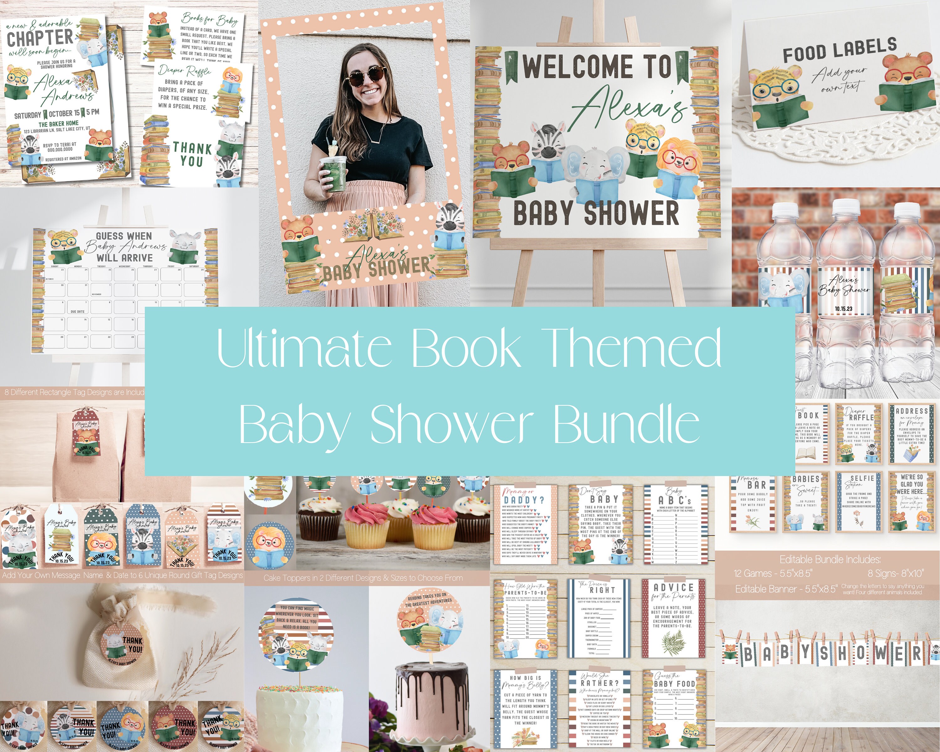 Book Themed Baby Shower Bundle, Book Lover Baby Shower Invitation & Decoration Bundle, Book Baby