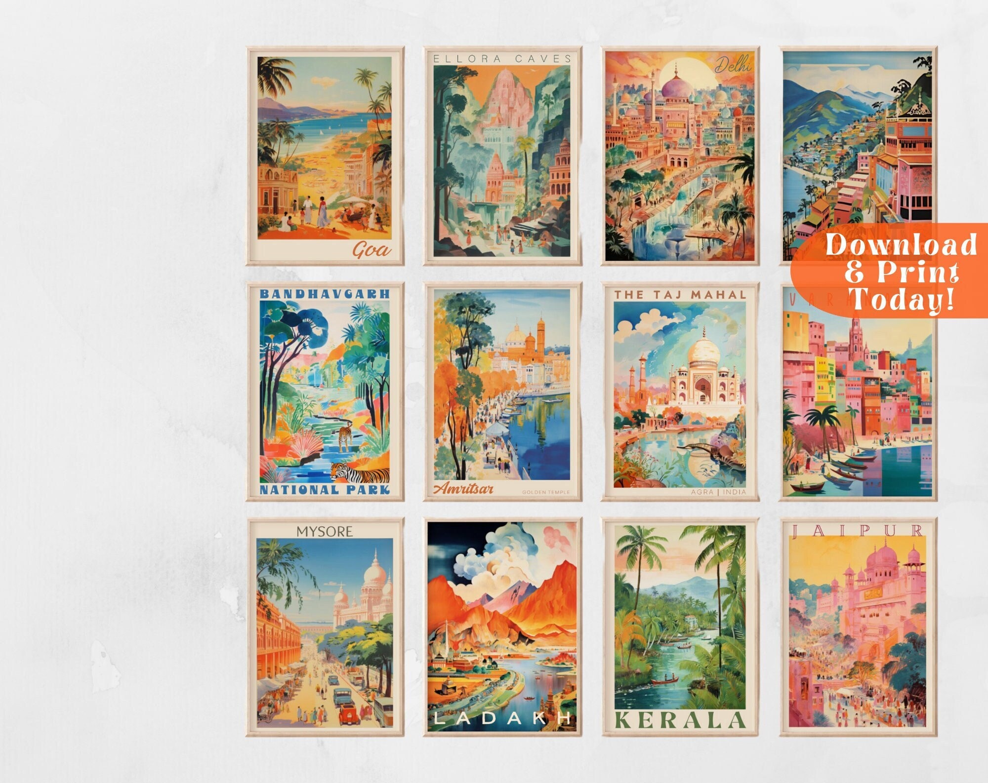 Vintage India Travel Prints India Watercolor India Print Taj Mahal Print Indian Poster India Art Print Trendy Wall Art Aesthetic Posters