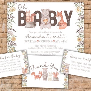 Woodland Baby Shower Invitation Pack, Editable Oh Baby Shower Invitation Template, Gender Neutral Woodland Baby Shower Invitation Bundle