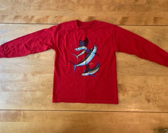 Red Guy Harvey Marlin Long Sleeve Crew Neck T Shirt