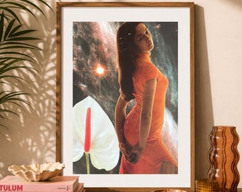 Cosmic Woman & Anthurium Art Print | Vintage Surrealist Collage | Celestial Floral Wall Art