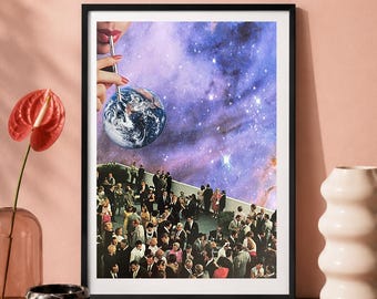 Cosmic Cocktail Party Art Print | Vintage Surreal Collage | Retro Space Wall Art