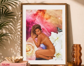 Cosmic Goddess Art Print | Feminine Celestial Wall Art | Retro Floral Space Decor