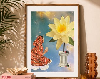 70s Surreal Collage Art Print | Cosmic Lotus Wall Art | Retro Psychedelic Decor