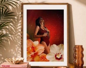 Cosmic Muse Collage Print |Surreal Floral Art | Vintage Glamour Wall Decor