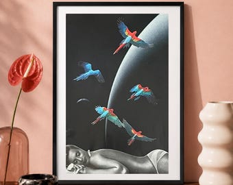Dreamscape Art Print | Vintage Surreal Collage | Tropical Parrot Wall Art