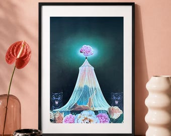 Wild at Heart Art Print | Vintage Surreal Collage | Panther Botanical Wall Art