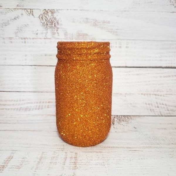 Orange Mason Jar, Glitter Mason Jar, Fall Wedding Decor, Fall Centerpiece, Autumn Decorations, Wedding Centerpiece, Fall Mason Jar