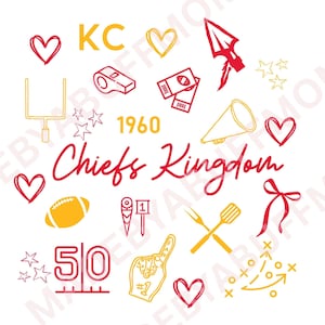 Puede incluir: Diseño gráfico con fondo blanco con ilustraciones rojas y amarillas de elementos relacionados con el fútbol. Incluye el texto "KC", "Chiefs Kingdom" y "1960". Otros elementos incluyen corazones, un balón de fútbol y un dedo de espuma.