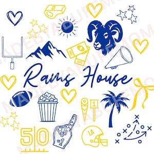 Puede incluir: Una colección de gráficos con el tema de los Rams de Los Ángeles en azul y amarillo sobre un fondo blanco. Incluye una cabeza de carnero, un balón de fútbol, una palmera y las palabras "Rams House".