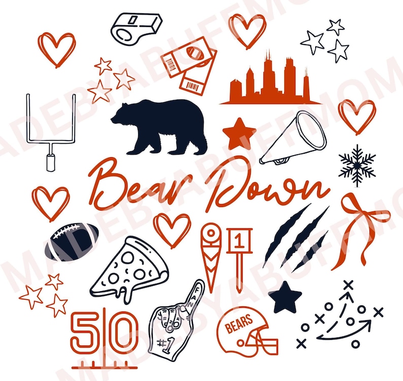 Puede incluir: Una colecci&oacute;n de gr&aacute;ficos tem&aacute;ticos de los Chicago Bears en azul marino, naranja y blanco. Incluye una silueta de oso, un bal&oacute;n de f&uacute;tbol, una porci&oacute;n de pizza y las palabras "Bear Down". Tambi&eacute;n presenta corazones, estrellas y un casco de f&uacute;tbol.