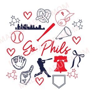 May include: A graphic design with baseball-themed elements in red, white, and blue. Includes a baseball, bat, helmet, and the words "Go Phils". Also features a silhouette of a baseball player and the Liberty Bell.