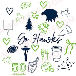 May include: A collection of navy blue and green Seattle Seahawks themed illustrations on a white background. Includes a football, the Space Needle, a foam finger, and the words "Go Hawks".