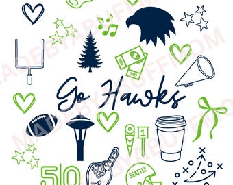 Diseño de doodle de los Seattle Seahawks / Arte de fan de Go Hawks / SVG PNG de los Seahawks / Gráfico de fútbol / Diseño de camiseta para el día del juego