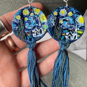 Vincent Van Gogh earrings Starry Night painted earrings dark blue night sky stars light impressionistic style painterly loverofart