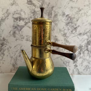 Vintage Coffee Pot Hammered Brass with Wooden Handles Neapolitan Flip Coffee Maker Italy