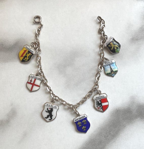 Vintage European Travel Charm 800 Silver Enamel Shields Sterling Chain 1950's to 1960's Souvenir