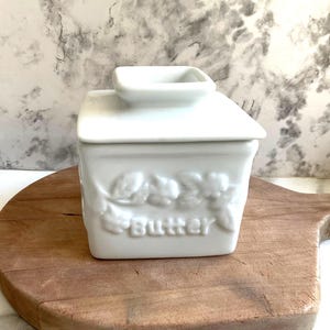 Butter Pot French Butter Keeper Crock White Porcelain Floral Design Vintage Country Kitchen