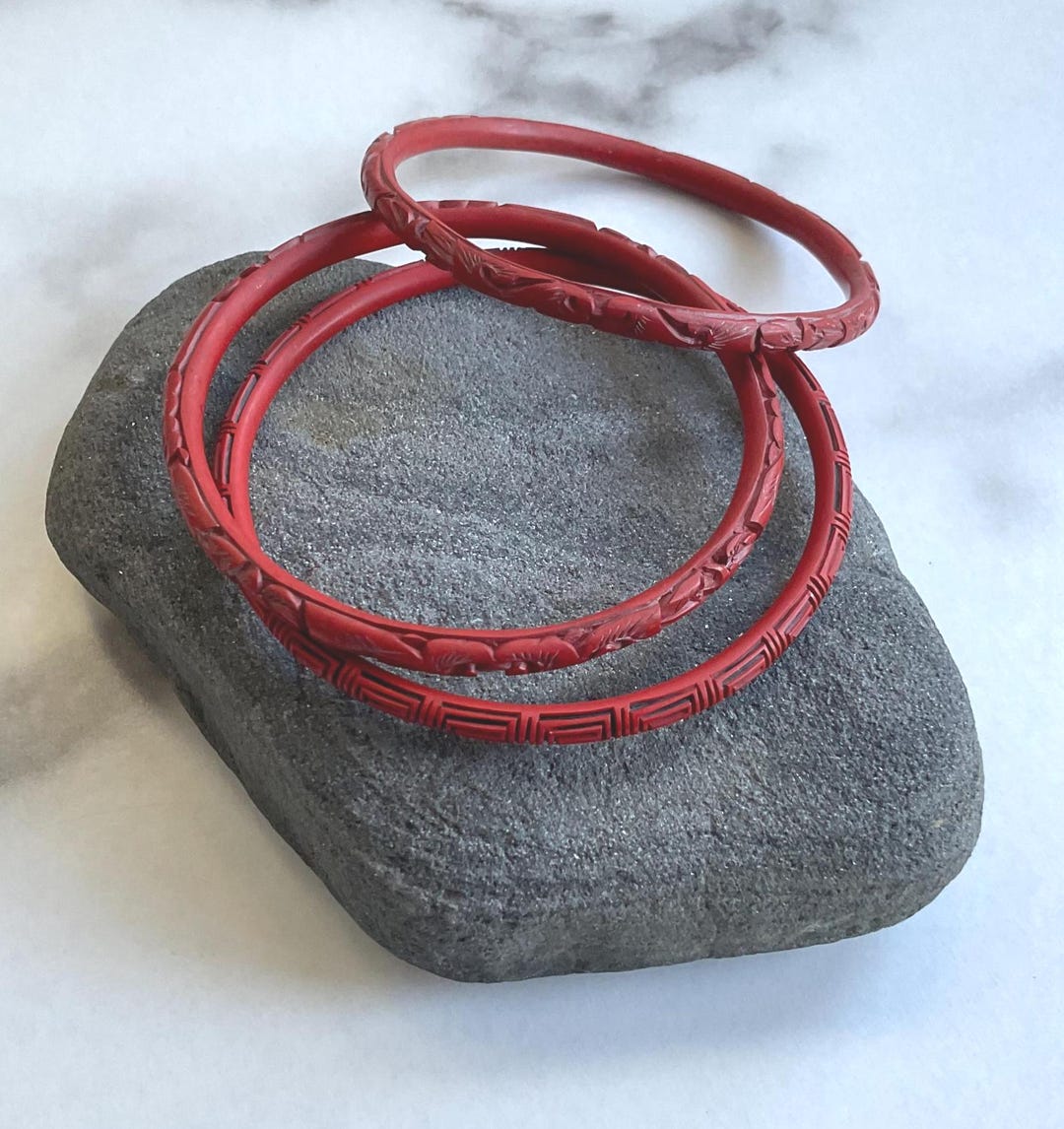 Set of 3 Red Resin Bangles: Floral, Greek Key Designs (cinnabar Style ...