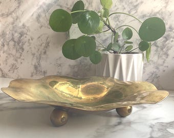 Vintage Swedish Brass Bowl on Ball Feet Sweden Mid Century Footed Dish Scalloped Leaf