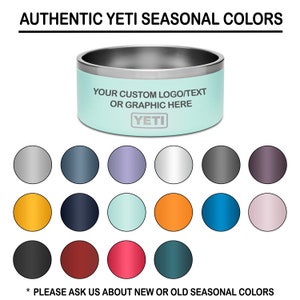 Puede incluir: Una selección de muestras de color para productos Yeti. Las muestras están dispuestas en tres filas de cuatro. Los colores incluyen plata, gris, azul, morado, naranja, azul verdoso, rosa, rojo y verde. El texto "YOUR CUSTOM LOGO/TEXT OR GRAPHIC HERE" se muestra en un tazón Yeti azul claro.