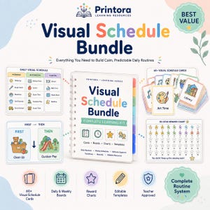 Peut inclure: Un kit d'apprentissage Visual Schedule Bundle comprenant un livre à reliure spirale, un tableau de planning quotidien, une planche premier-puis, un tableau de récompenses à 50 étoiles et plus de 60 cartes d'activités illustrées.