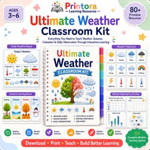 Peut inclure: Un kit pédagogique Ultimate Weather Classroom Kit à reliure spirale pour les 3-6 ans, comprenant un livre central illustré d'un arbre saisonnier, des tableaux météo, des cartes flash et des activités d'observation avec 80+ ressources imprimables.