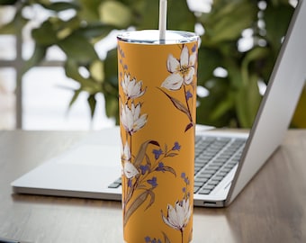 White Floral, Skinny Steel Tumbler with Straw, 20oz