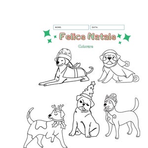 Disegni di cane con simboli di Natale da colorare, da offrire ai bambini per colorare insieme a suoi amici, si aggiunge  nome e data.