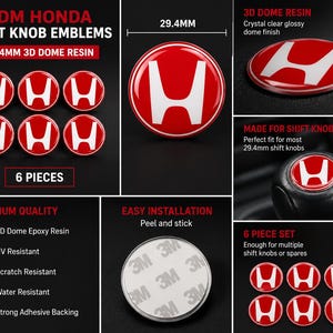 May include: A set of six circular JDM Honda shift knob emblems featuring a red background with a white H logo. Each emblem has a 29.4mm diameter, a 3D dome resin finish, and a 3M adhesive backing. The emblems are UV, scratch, and water resistant.