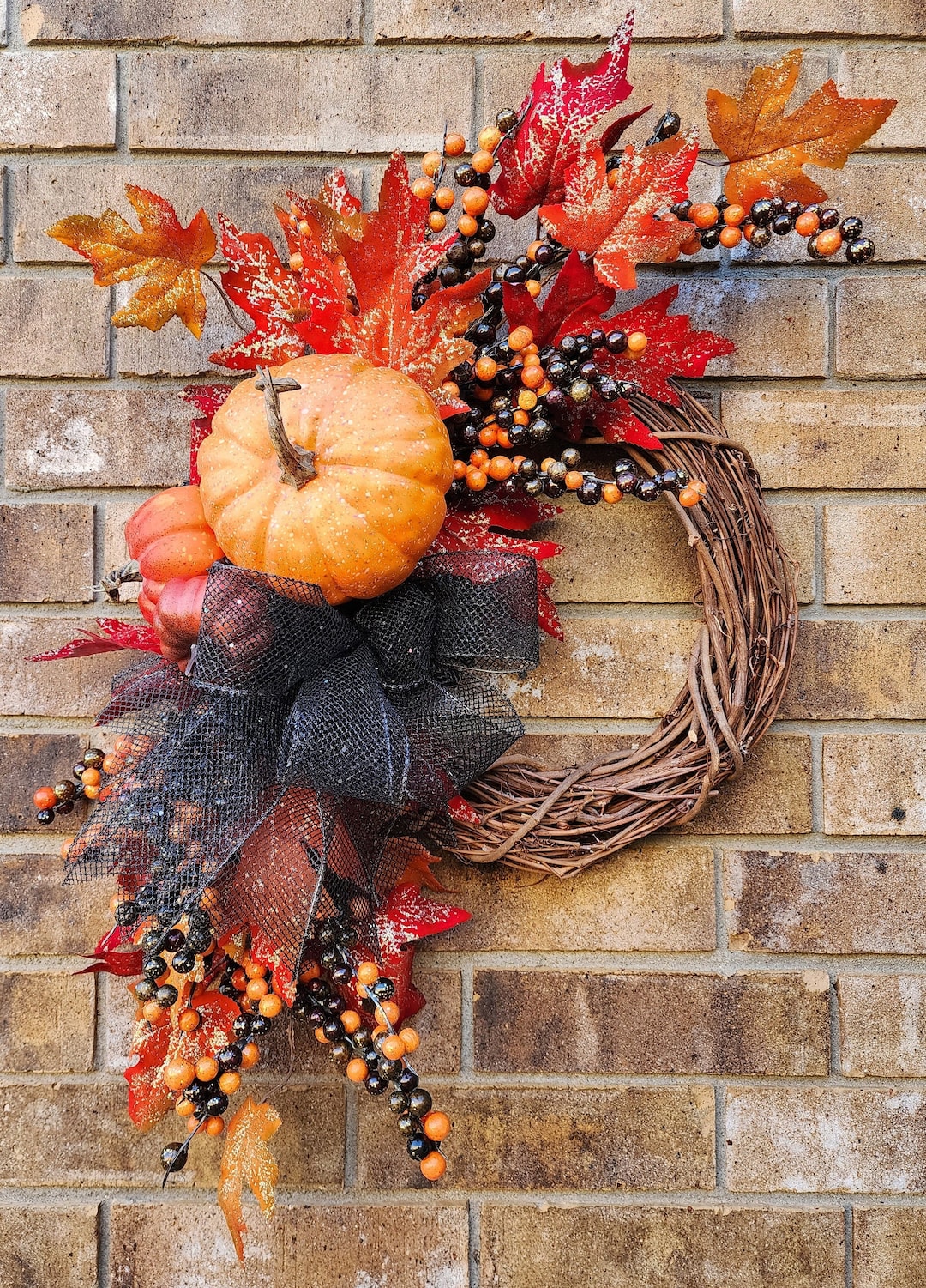 Autumn Pumpkins and Sparkling Maple Leaves Wreath With Berries, Fall ...