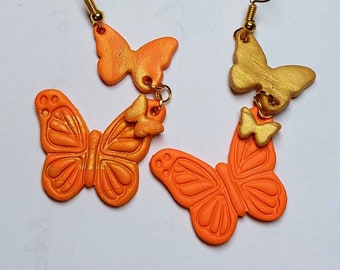 Gold Orange Butterfly earrings, Butterfly Dangle Earrings, Marble Butterfly earrings, Solid Butterfly earrings, Clip on Butterfly Earrings