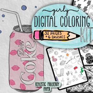 May include: A digital coloring kit with 31 pages and 6 brushes. The kit features a pink can with the words "Diet Coke" and pink lips printed on it. The kit also includes a pencil, a watermelon slice, a skull, and a floral pattern.