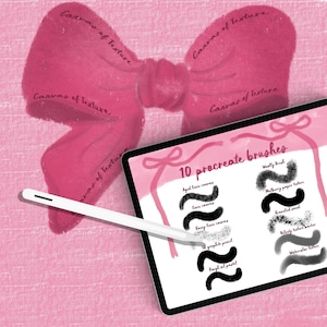 Puede incluir: Una ilustración digital de un lazo rosa con el texto "Canvas of Texture" repetido a su alrededor. La pantalla de una tableta muestra una lista de 10 pinceles de Procreate con sus nombres y trazos de pincel.