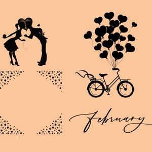 May include: Silhouette of a couple kissing with a heart-shaped balloon, a bicycle with heart-shaped balloons, and a scattering of small hearts. The text "February" is written in cursive with a small heart at the end.