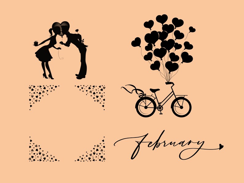 May include: Silhouette of a couple kissing with a heart-shaped balloon, a bicycle with heart-shaped balloons, and a scattering of small hearts. The text "February" is written in cursive with a small heart at the end.