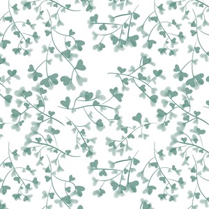 May include: A seamless pattern featuring a repeating design of light green leaves with heart-shaped tips on a white background.