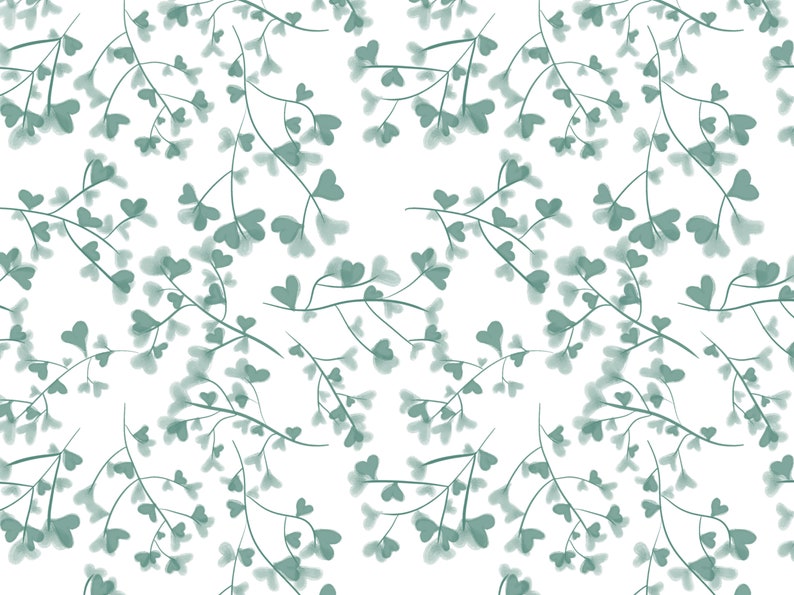 May include: A seamless pattern featuring a repeating design of light green leaves with heart-shaped tips on a white background.