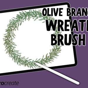 May include: A digital illustration of an olive branch wreath on a white background. The wreath is drawn on a tablet screen with a stylus. The text "OLIVE BRANCH WREATH BRUSH" is displayed above the wreath. The text "procreate" is displayed in the lower left corner of the image.