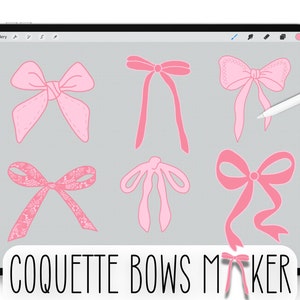 Op de afbeelding: Een digitale illustratie van roze strikken op een grijze achtergrond. De tekst "Coquette Bows Maker" staat onderaan de afbeelding.
