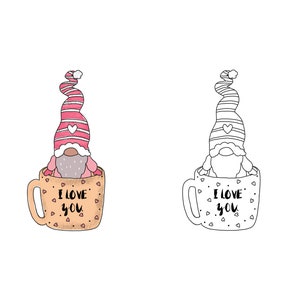 May include: A brown ceramic mug with a pink and white striped gnome wearing a red hat with a heart on it. The mug has a white outline and the words "I LOVE YOU" in black.